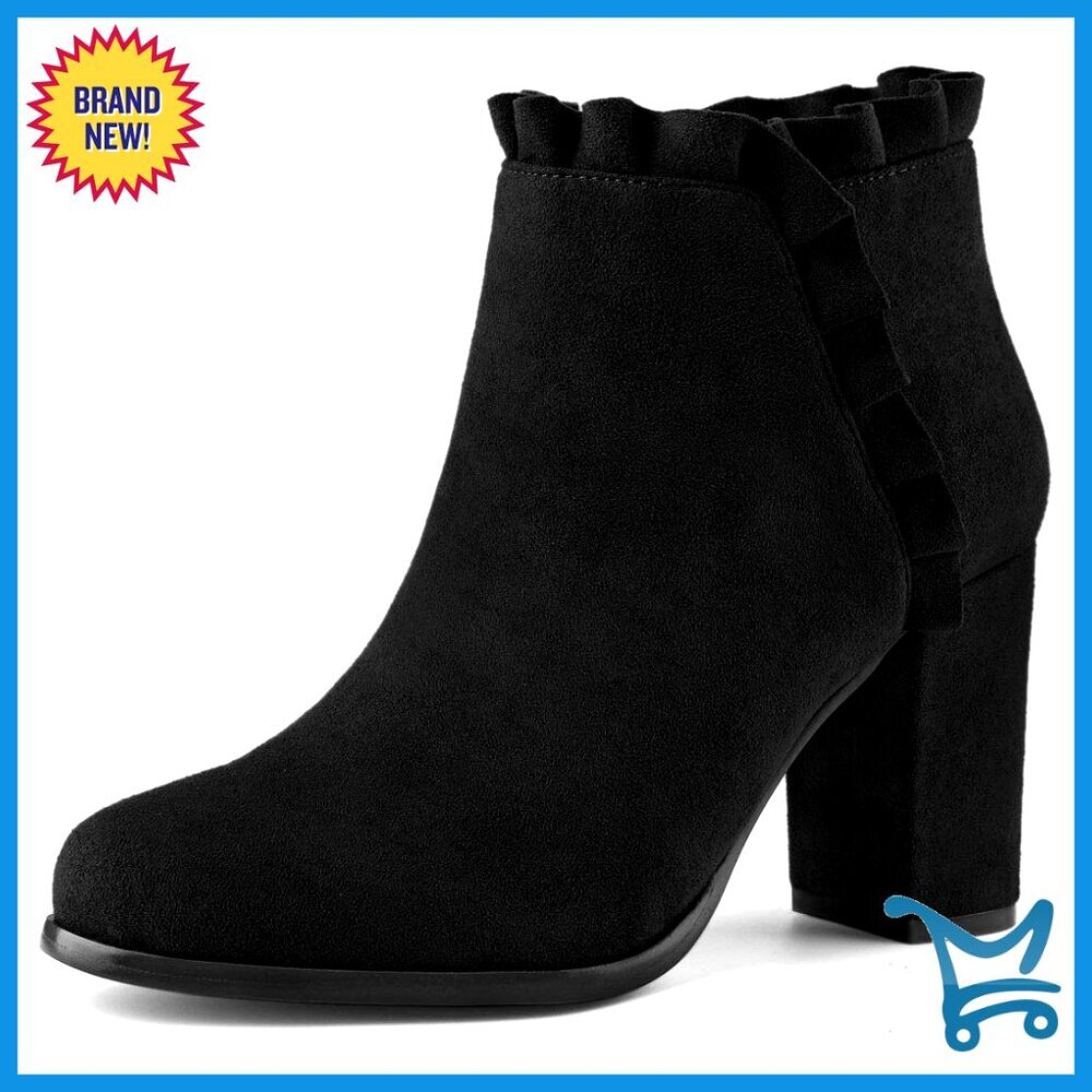 Ruffle Block Heel Ankle Boots with Faux Suede Vamp